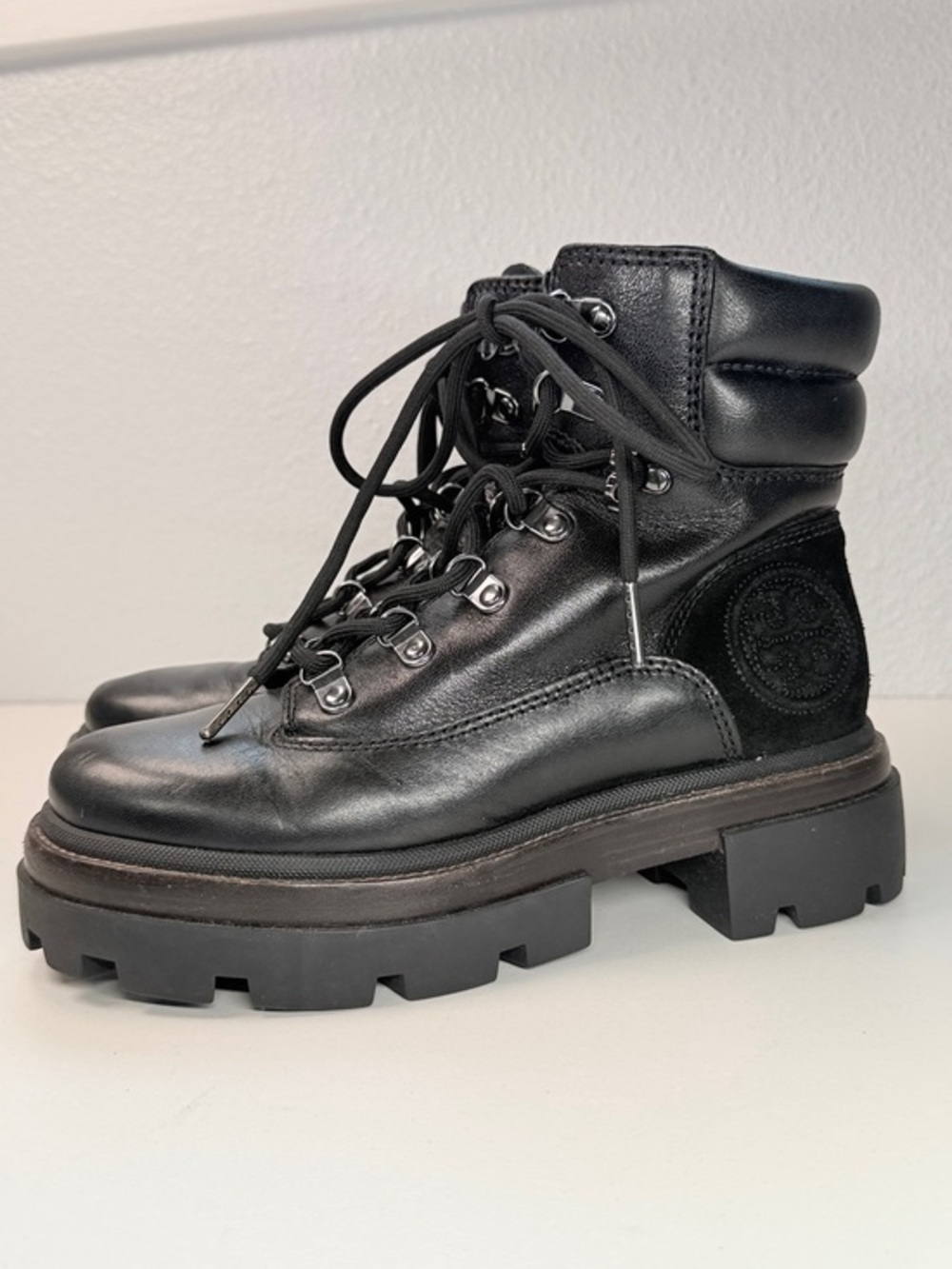 Authentic Tory Burch Miller Lug Hiker Boots Perfect Black Leather women size 6